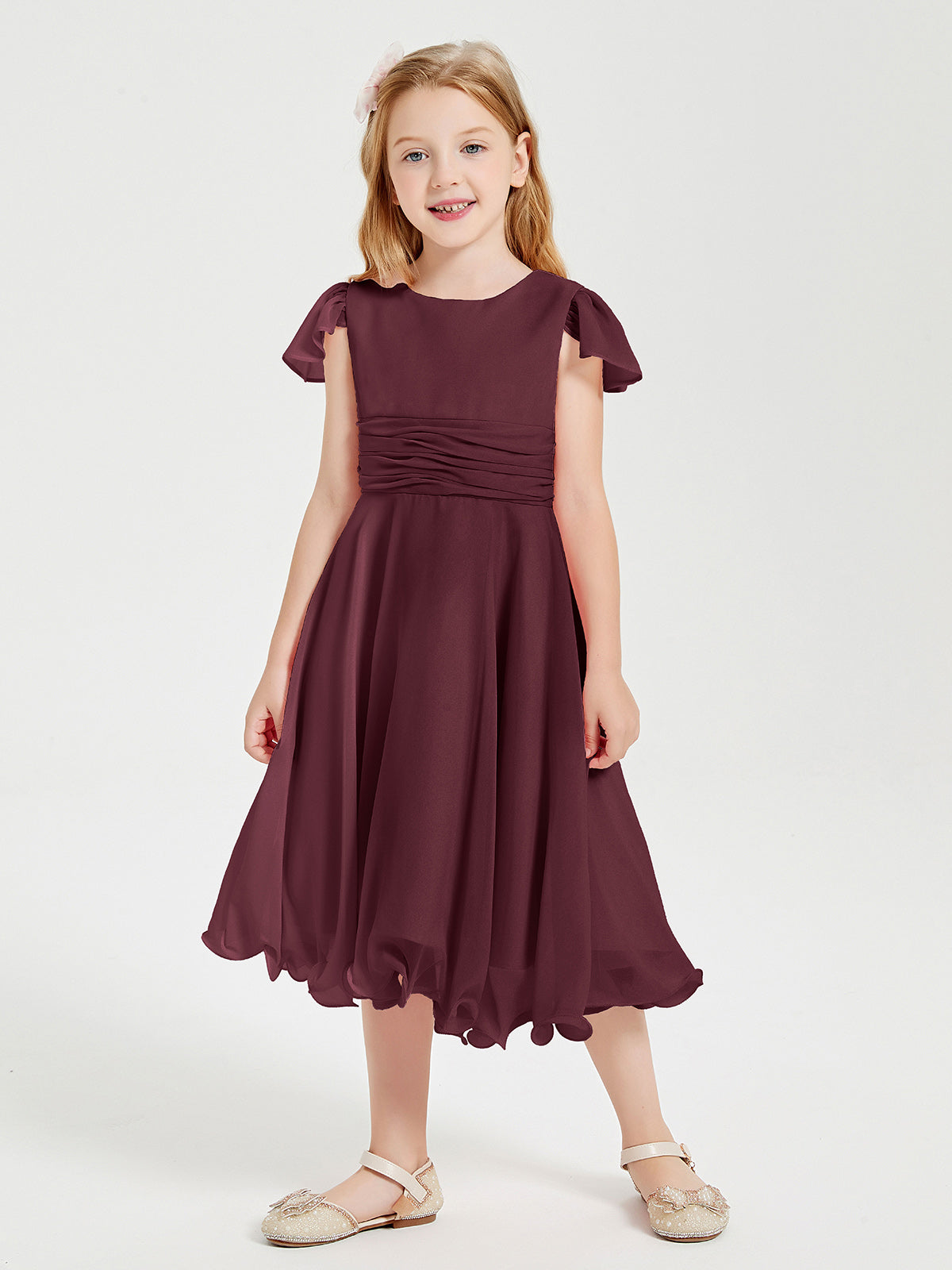 Chiffon Tea Length Junior Bridesmaid Dresses Cabernet
